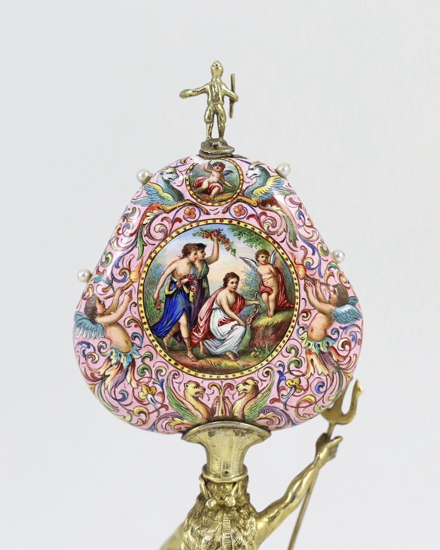 A 19th century Austrian silver-gilt and painted enamel timepiece, Karl Bender, c.1880, width 12cm, height 24cm